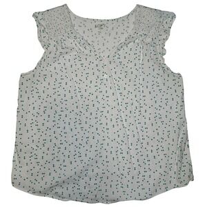 LOFT White Teal Dot Smocked Neck Cap Sleeve V-Neck Top Women's‎ Medium cotton